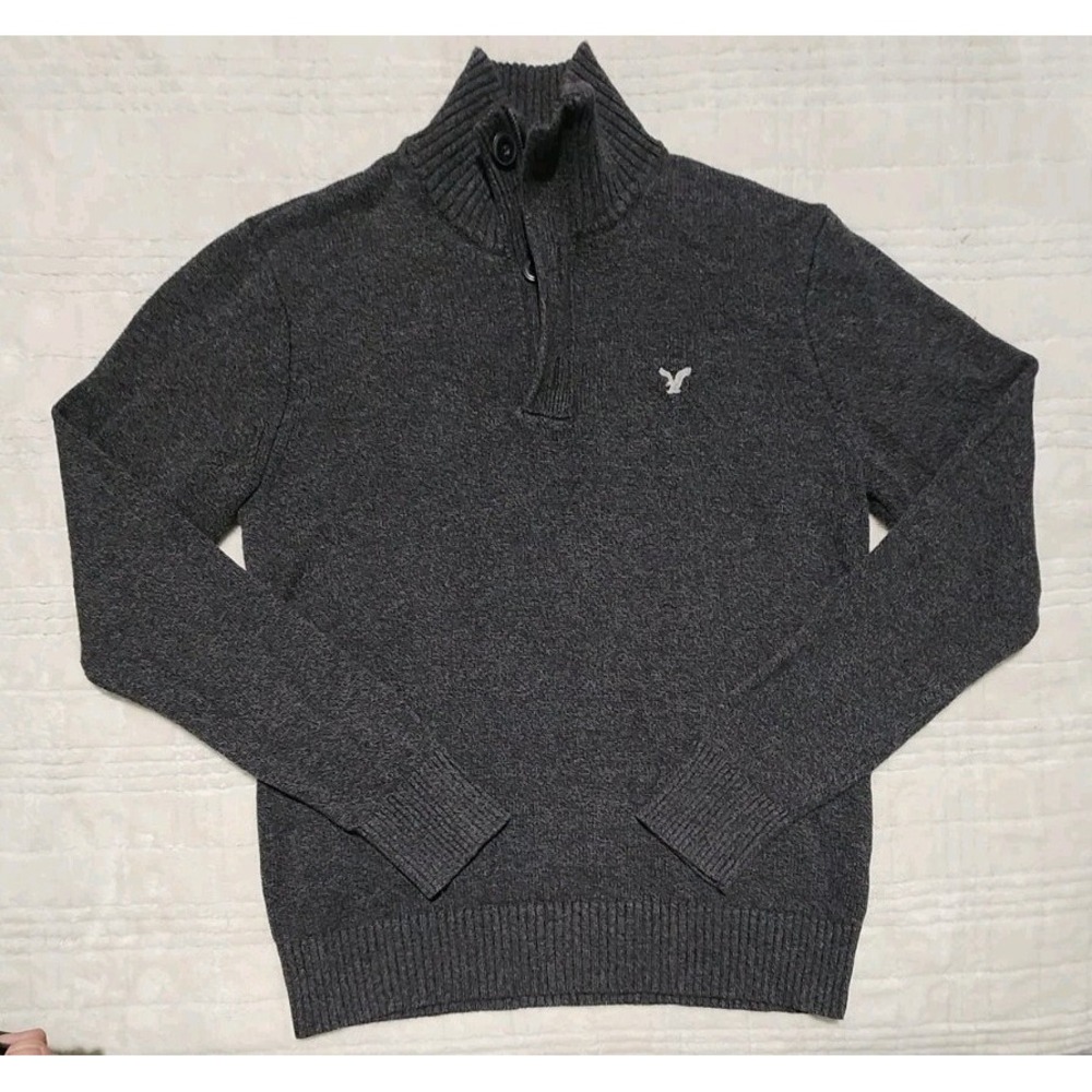 American‎ Eagle Mens 1/4 Quarter Zip Button Grey Sweater Large Athletic Fit